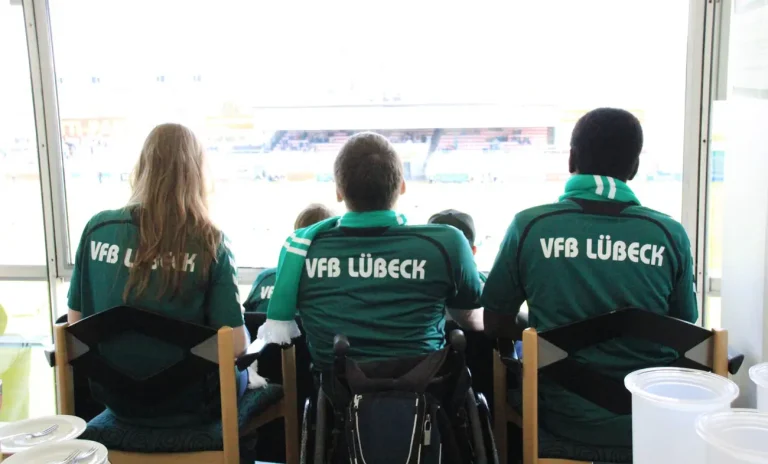 Das Hansolu-Team beim VfB Lübeck. Man sieht das Hansolu-Team von hinten in einer Loge. Alle tragen ein VfB-Trikot.
