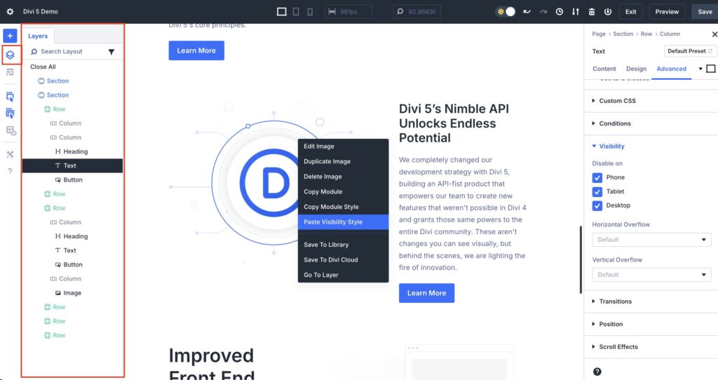 Divi 5 Layers Tab