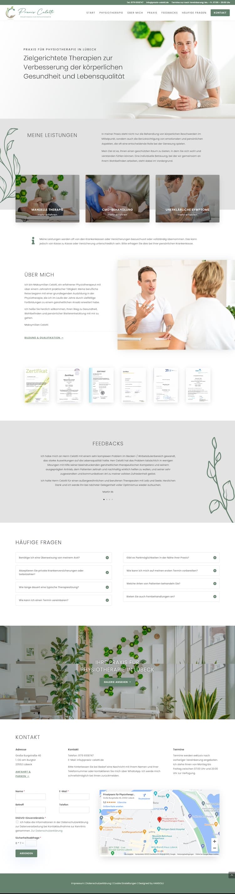 Webdesign für Physiotherapie -Bildschirmfoto von der Startseite der Praxis Celotti