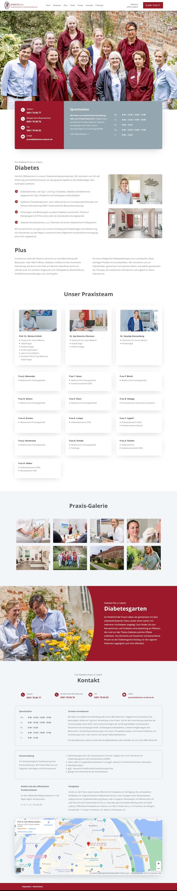 Ein Bildschirmfoto von der Startseite der One Page Praxiswebsite für Diabestes plus