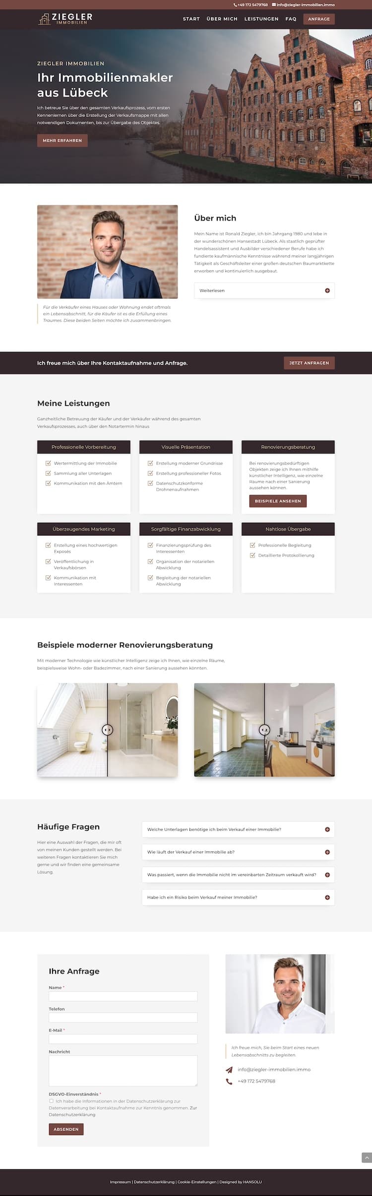 Bildschirmfoto einer One-Page-Website eines Immobilienmaklers aus Lübeck