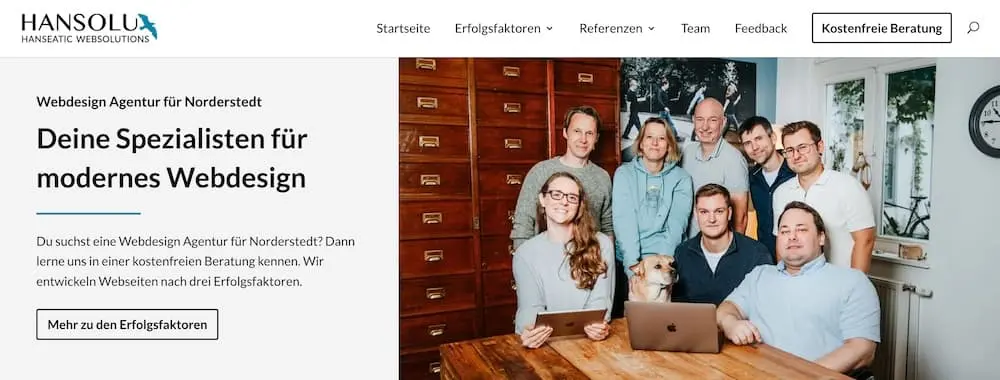Neuer Einstiegsbereich unserer HANSOLU-Website mit einer Splitsektion, wo der Titeltext auf der linken und das Teambild auf der rechten Seite ist.