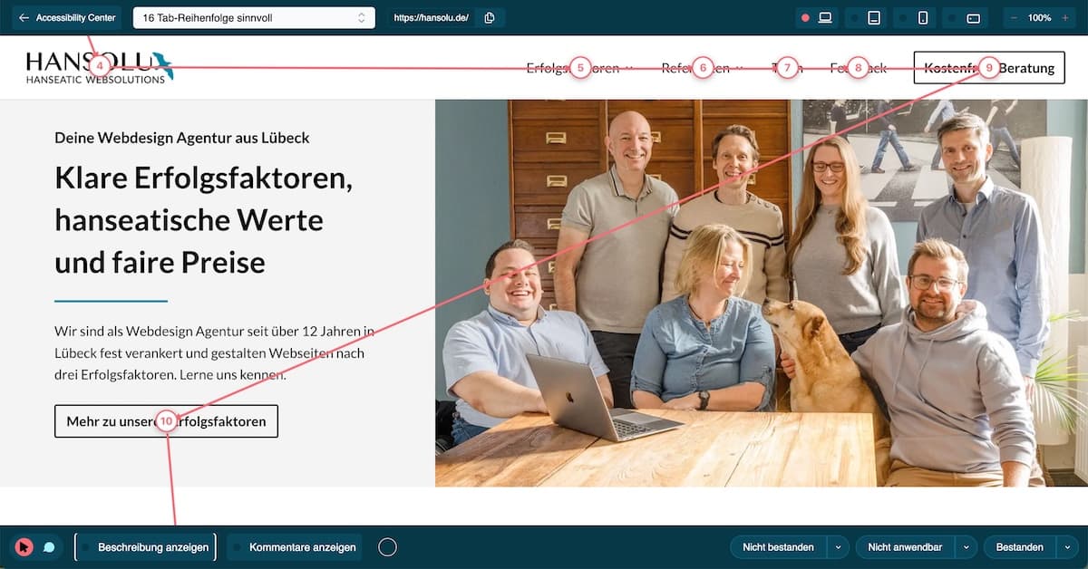 Barrierefreiheits-Audit für eine Website: Bildschirmfoto von der Hansolu-Startseite, auf dem die Tab-Reihenfolge mit einer Hilfsfunktion angezeigt wird.