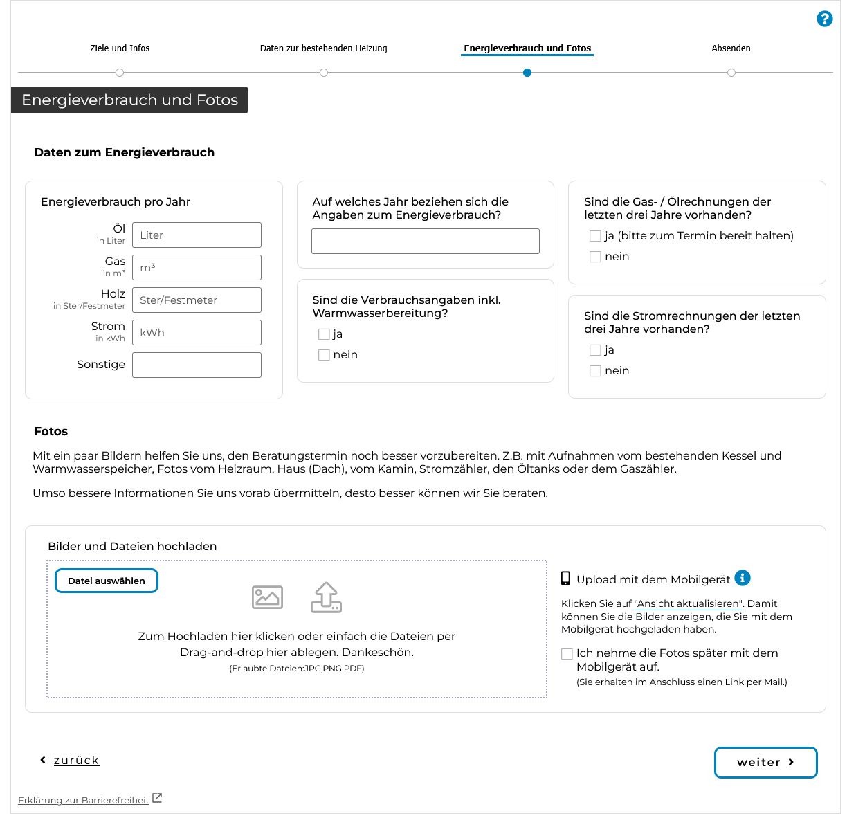 Bildschirmaufnahme einer in einer Website eingebundenen Anfrage. Hier wird ein konversionsoptimiertes Formular gezeigt in dem viele Abfragen zu einem Projekt eingebunden sind.