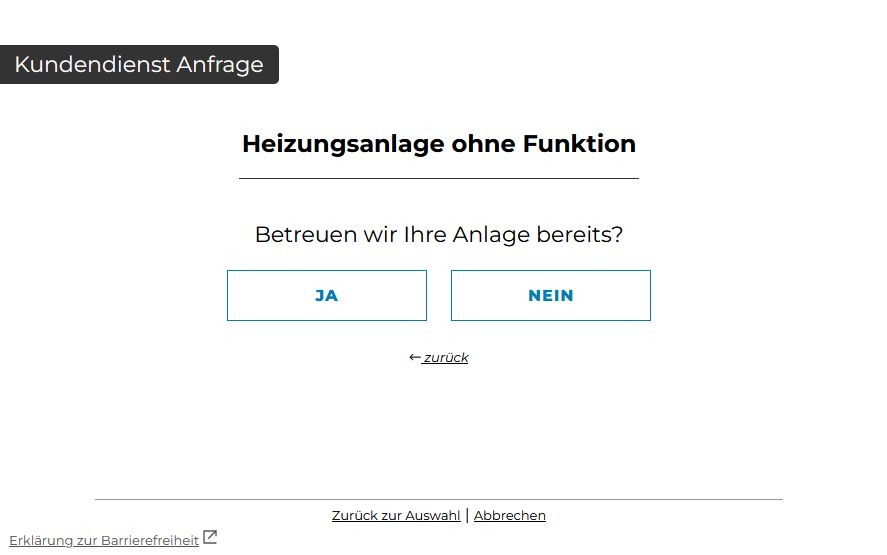 Bildschirmaufnahme einer in einer Website eingebundenen Anfrage. Hier wird eine Auswahl in der Kundendienstanfrage gezeigt. Abfrage ob die Anlage bereits betreut wird.