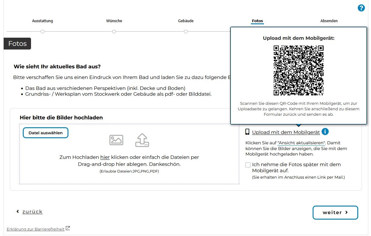 Bildschirmaufnahme einer in einer Website eingebundenen Anfrage. Hier wird ein Bild Hochladefunktion gezeigt, die per QR Code auf dem Smartphone weiter ausgefüllt werden kann.
