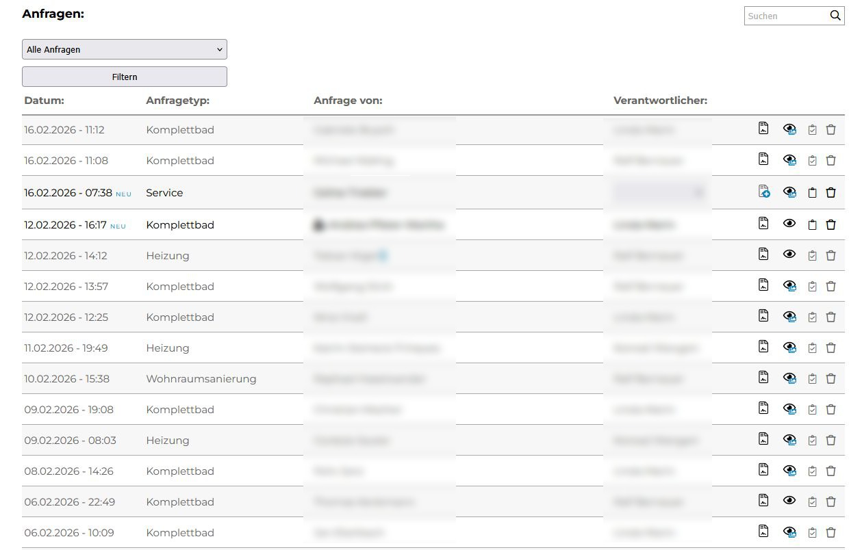 Bildschirmaufnahme der Verwaltung der Anfrageplattform. Hier wird eine Teamübersicht mit Rechteverwaltung gezeigt.