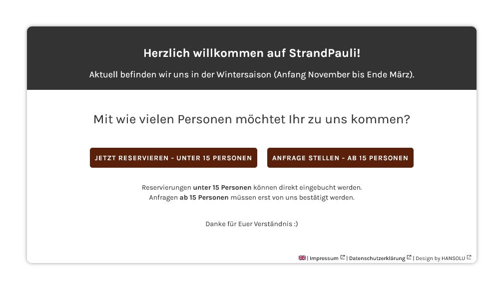 Bildschirmaufnahme des eingebundenen Buchungstools in eine Website. Es wird ein Pop-Up angezeigt, dass eine Abfrage anzeigt, für wie viele Personen gebucht werden soll.