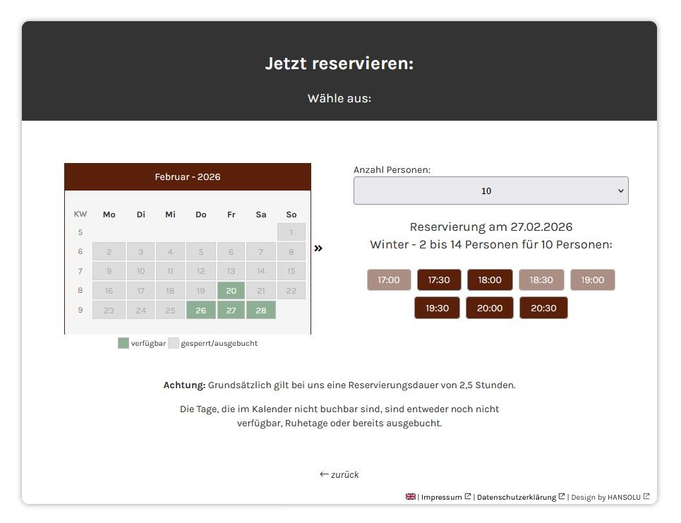 Bildschirmaufnahme des eingebundenen Buchungstools in eine Website. Es wird ein Fenster der Buchung angezeigt, dass eine Kalenderansicht mit Uhrzeit und der Anzahl der Personen zeigt.