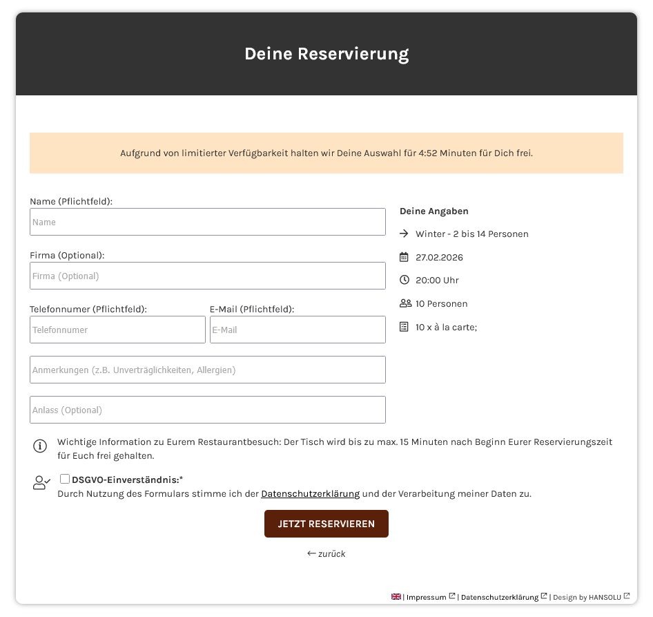 Bildschirmaufnahme des eingebundenen Buchungstools in eine Website. Es wird ein Fenster der Buchung angezeigt, dass ein Reservierungsformular mit persönlichen Daten zeigt.