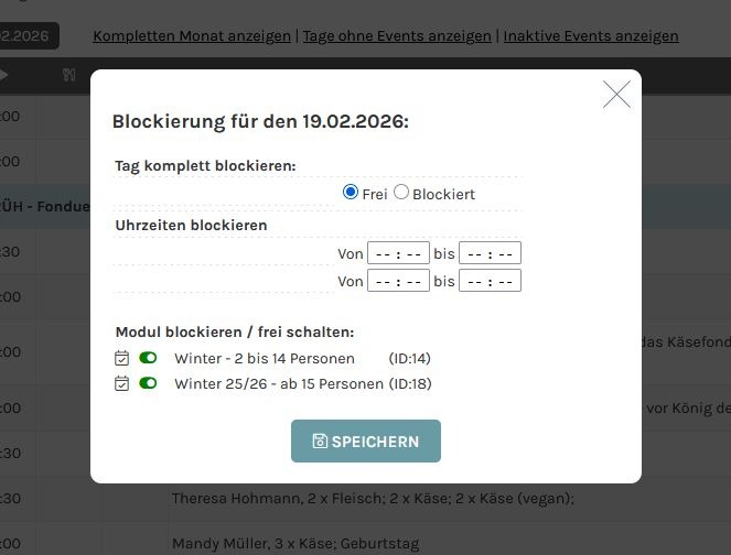 Bildschirmaufnahme der Verwaltung des Buchungstool. Hier wird eine Option zur Blockierung von bestimmten Tagen angezeigt.