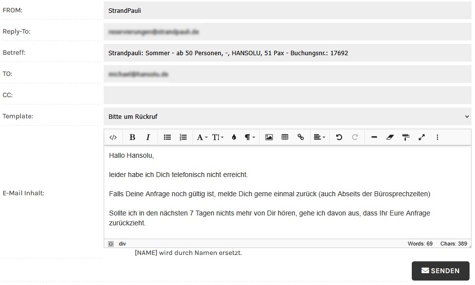 Bildschirmaufnahme der Verwaltung des Buchungstool. Hier wird ein E-Mail Formular für die Kundenkommunikation gezeigt.