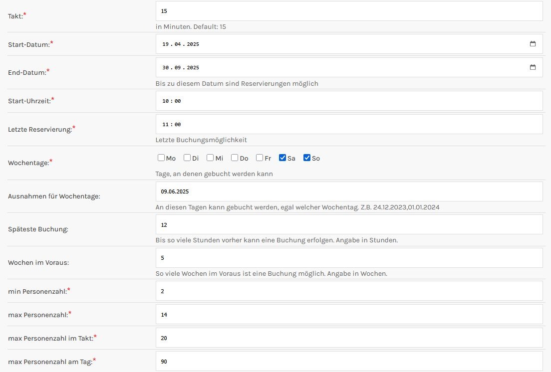 Bildschirmaufnahme der Verwaltung des Buchungstool. Hier wird eine Verwaltung der Formulare und Varianten mit Datums- und Tagesauswahl gezeigt.