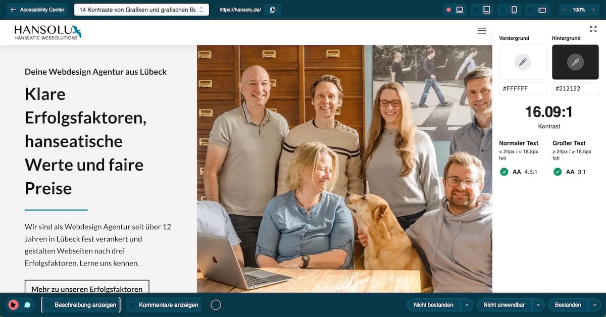 Eine Bildschirmaufnahme vom Einstiegsbereich der Hansolu-Website, bei dem mithilfe eines Tools der Kontrast eines Elements angezeigt wird.