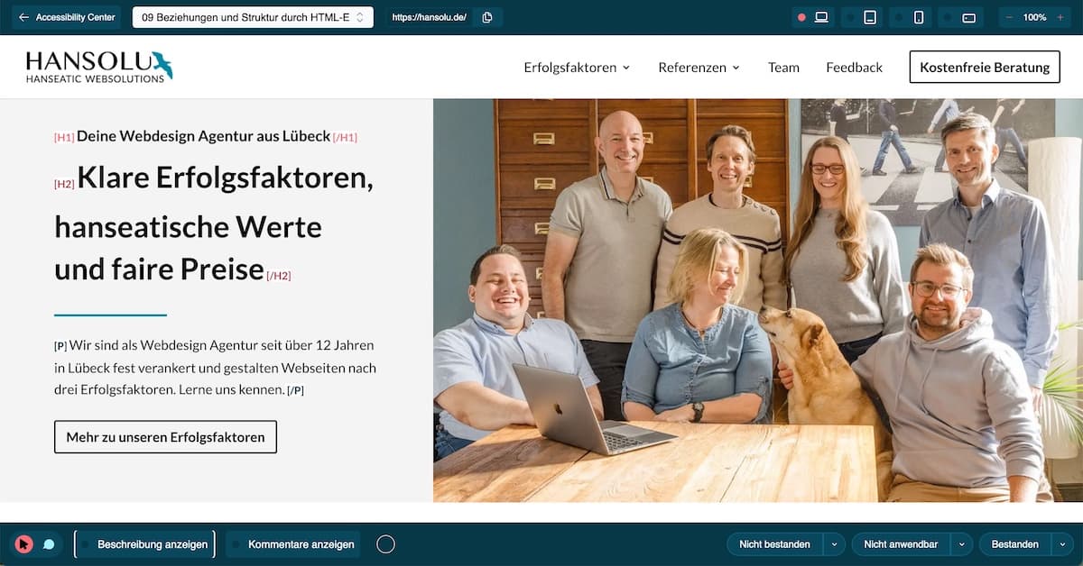 Eine Bildschirmaufnahme vom Einstiegsbereich der Hansolu-Website, bei dem mithilfe eines Tools die Überschriftenhierarchie angezeigt wird.
