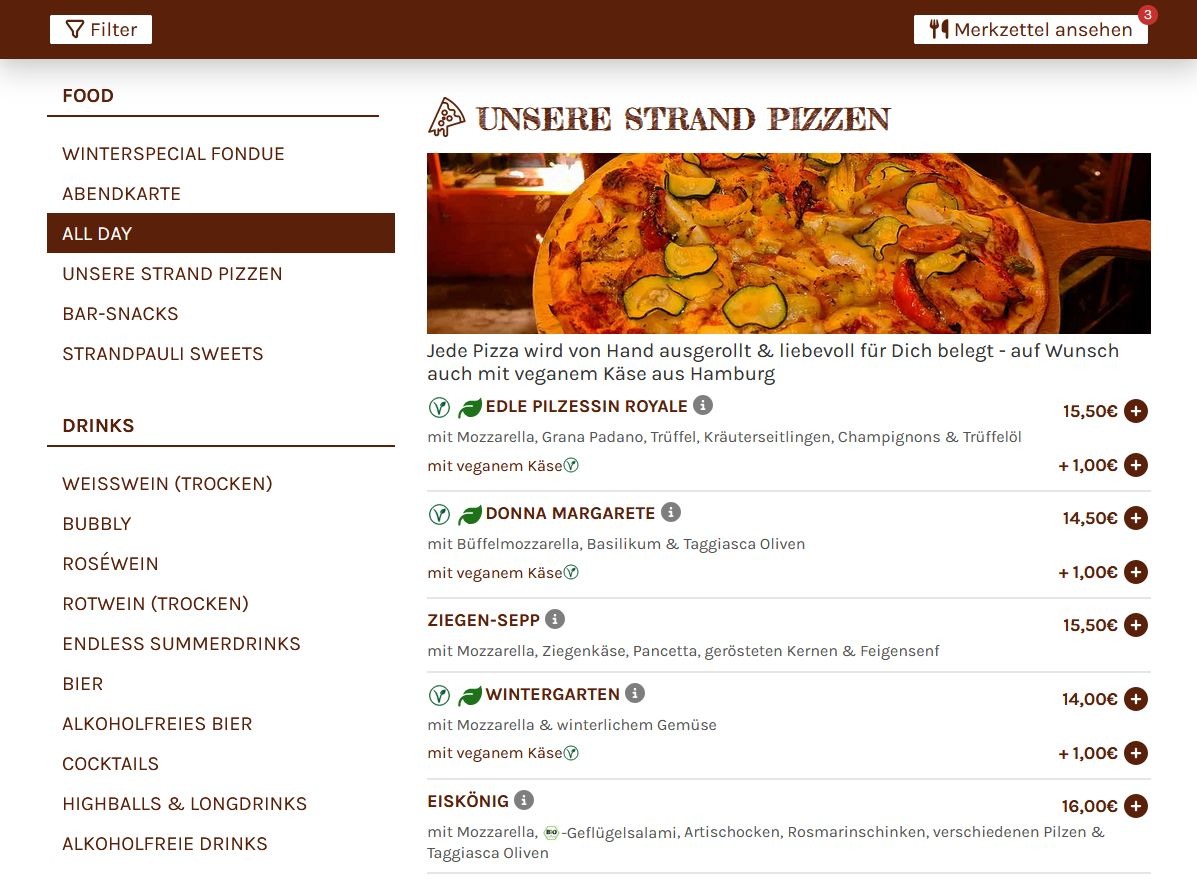 Bildschirmaufnahme der digitalen Speisekarte. Auf der linken Seite werden die Hauptkategorien in einem Menü angezeigt und rechts die Speisen und Getränke. Hier wird eine Übersicht über die Pizzen angezeigt.