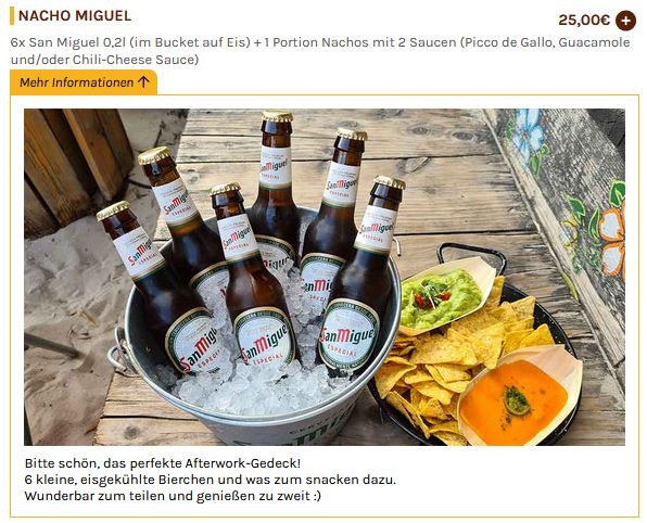 Bildschirmaufnahme der digitalen Speisekarte. Hier wird eine Detailansicht eines Getränks mit Bild angezeigt.