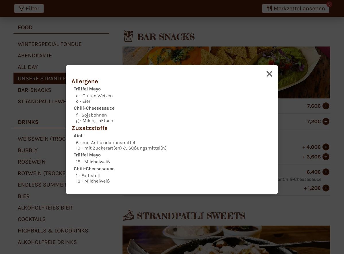 Bildschirmaufnahme der digitalen Speisekarte. Hier wird eine Detailansicht der Allergene in einem Pop-Up über der Speisekarte angezeigt.