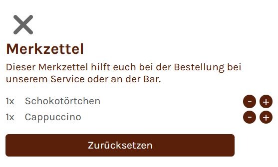 Bildschirmaufnahme der digitalen Speisekarte. Hier wird die Funktion des Merkzettel gezeigt. Hier sind ein Gericht und ein Getränk ausgewählt, die in der Anzahl erhöht werden können.