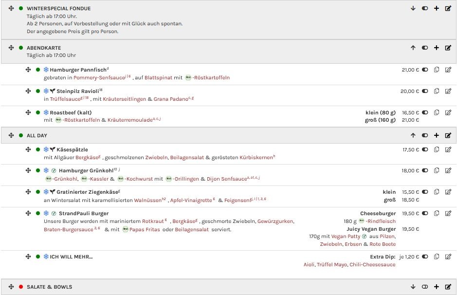 Bildschirmaufnahme der digitalen Speisekarte. Hier wird eine Verwaltung der Gerichte mit Über-Kategorien gezeigt.