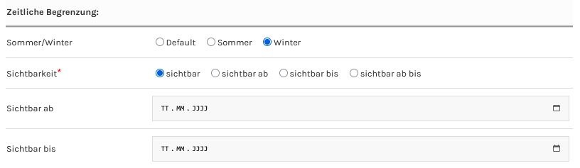 Bildschirmaufnahme der digitalen Speisekarte. Hier wird eine Steuerung von Saisonzeiten und Sichtbarkeit für Zeiten gezeigt.