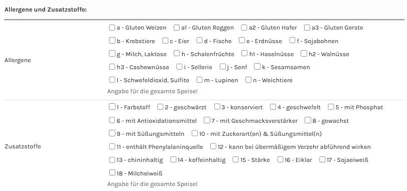 Bildschirmaufnahme der digitalen Speisekarte. Hier wird eine Verwaltung von Allergenen zu den Gerichten angezeigt.
