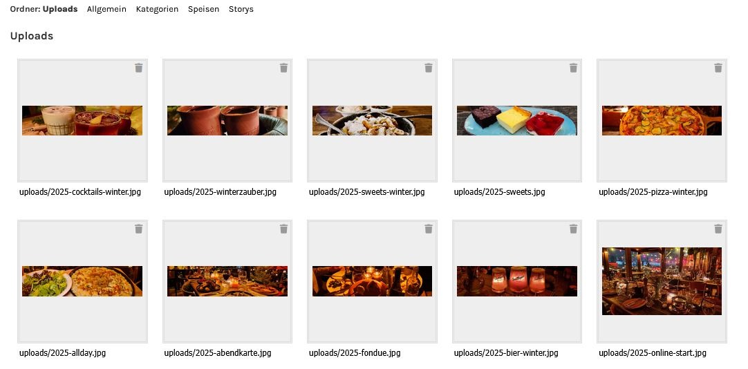 Bildschirmaufnahme der digitalen Speisekarte. Hier wird eine Verwaltung der Medien gezeigt. Hier können Bilder gelöscht und hochgeladen werden.