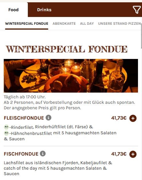 Bildschirmaufnahme der digitalen mobile Speisekarte. Hier wird die mobile Ansicht der Speisekarte gezeigt mit einem Auswahl-Tab System oben für die Navigation zu Speisen und Getränken.