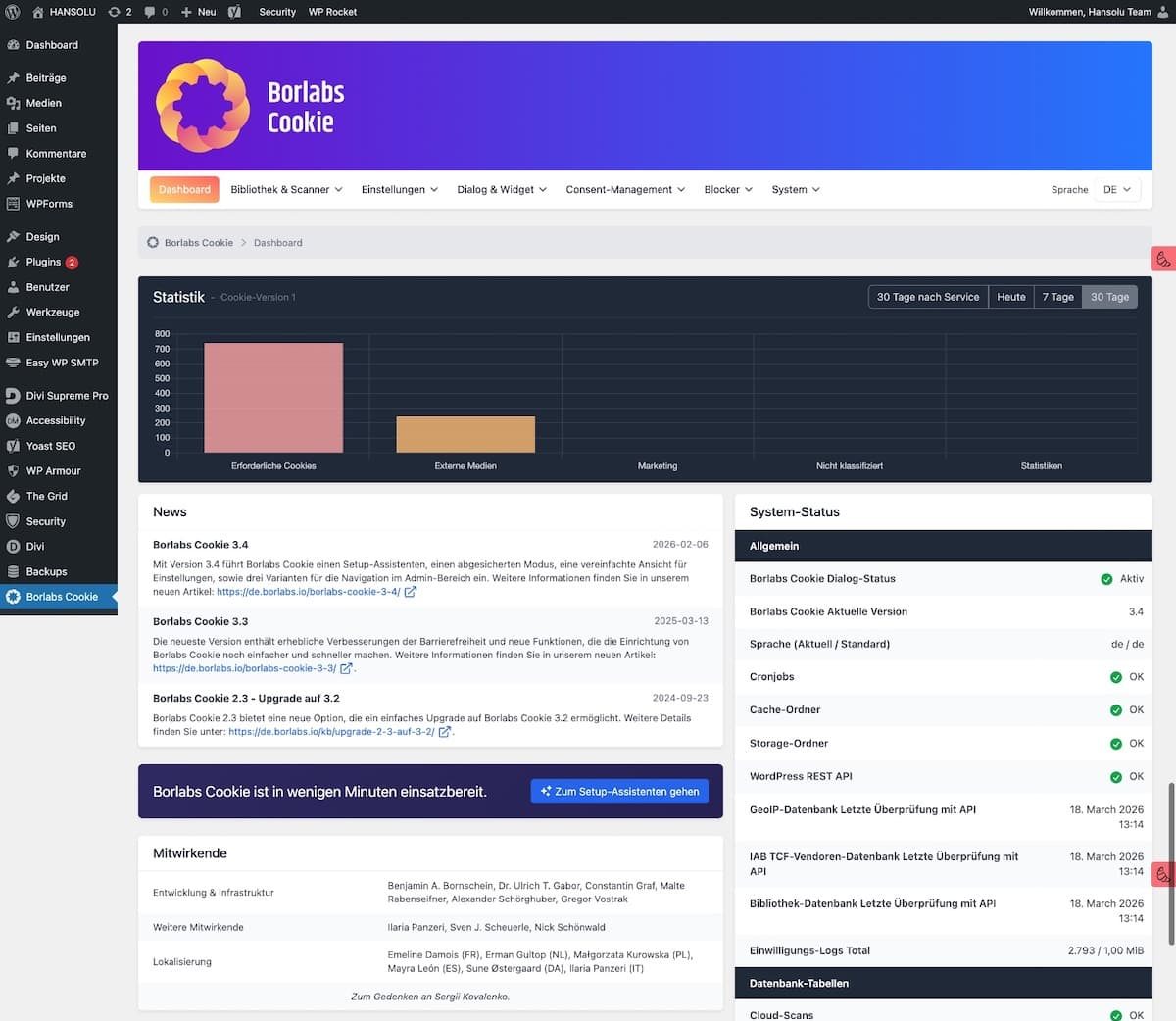 Eine Bildschirmaufnahme vom Dashboard des Cookie-Management-Tools Borlabs. Das ist ein kostenpflichtiges Premium-Plugin.