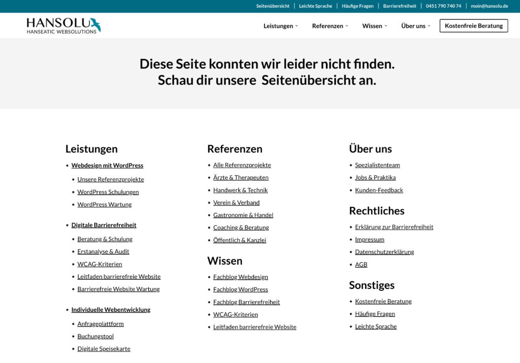 Barrierefreie 404-Seite: Hier ist eine Bildschirmaufnahme von unserer 404-Seite mit Meldung und Seitenübersicht.