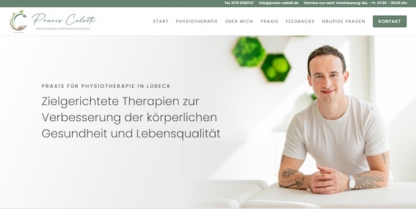 Eine Bildschirmaufnahme von der Startseite der Website Physiotherapie Max Celotti.