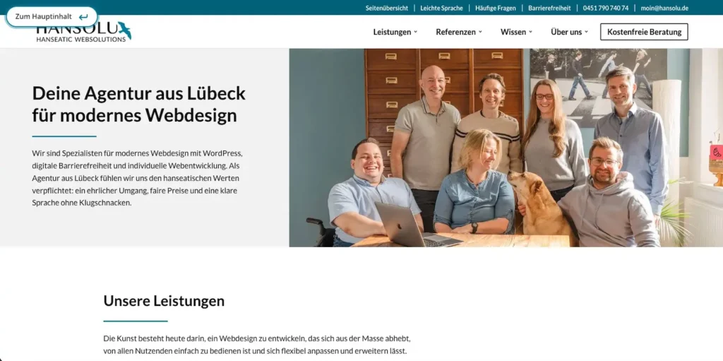 Bildschirmfoto von unserer Startseite mit einem aktivierten Skip-Link.